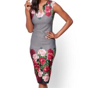 NWT NY&CO Houndstooth Floral Sheath Midi Dress Date Night Office Career Sz: XSP